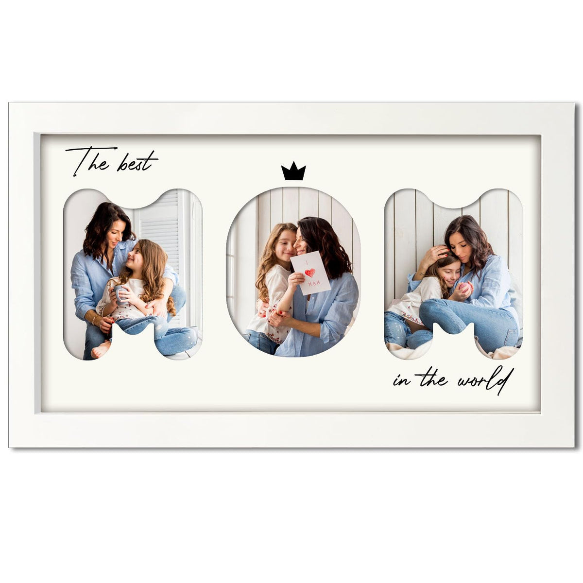 TRUMPETIC Mom Frame on wall displaying three 4x6 photos with quotes.