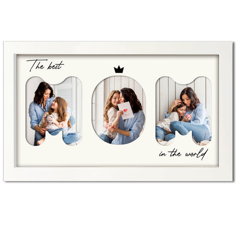 TRUMPETIC Mom Frame on wall displaying three 4x6 photos with quotes.