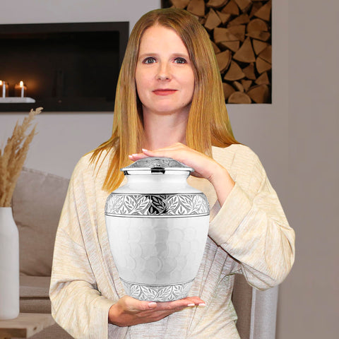 Trupoint Memorials aluminum urn with white silver finish and protective coating