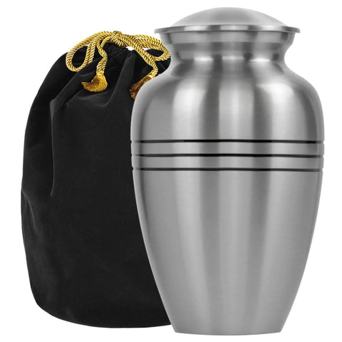 Trupoint Memorials cremation urn in silver pewter finish showcases durable memorial design.