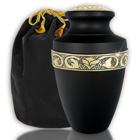 Trupoint Memorials Grecian urn in black and gold, front view, durable tribute.