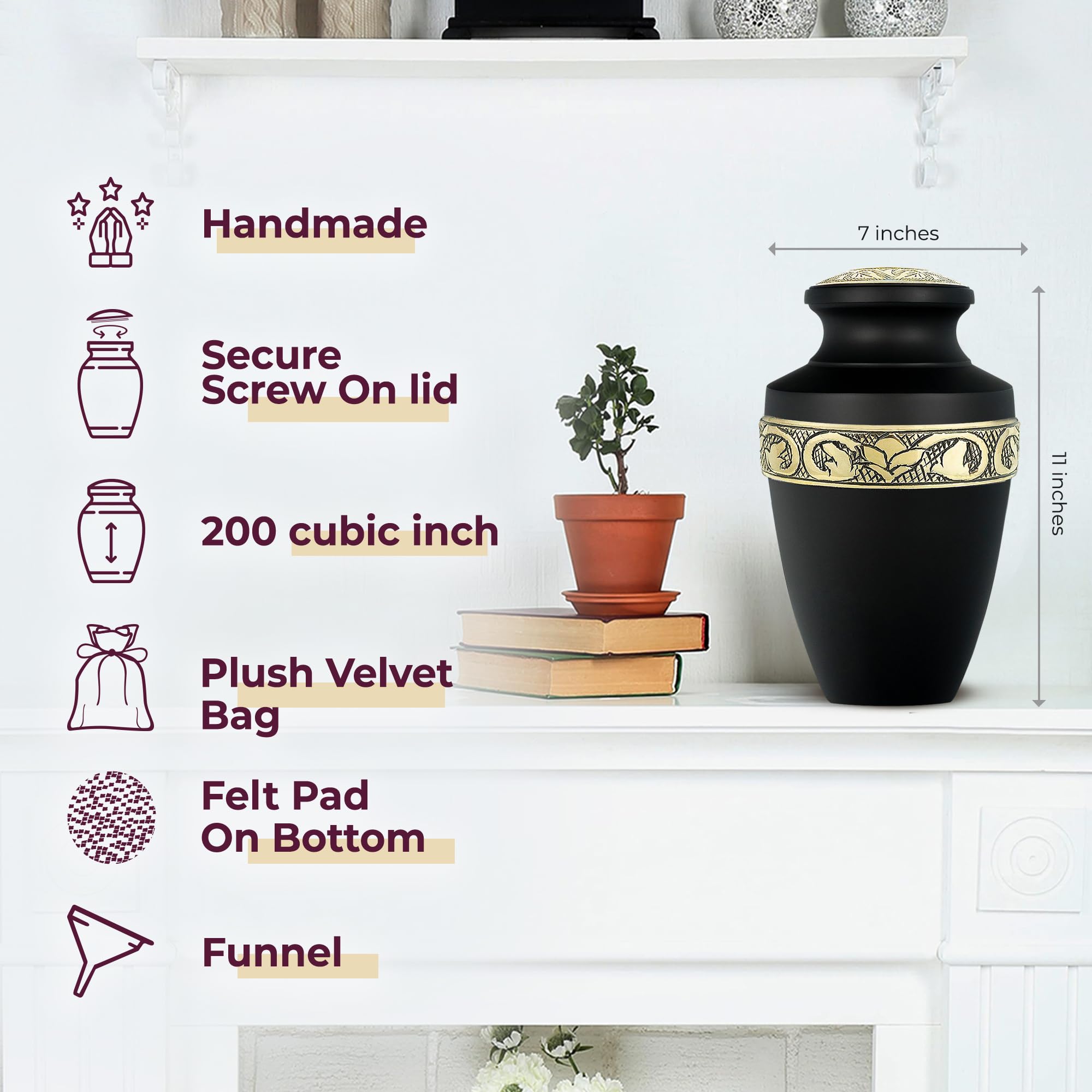 Trupoint Memorials Grecian urn in black and gold, side view for elegant display.