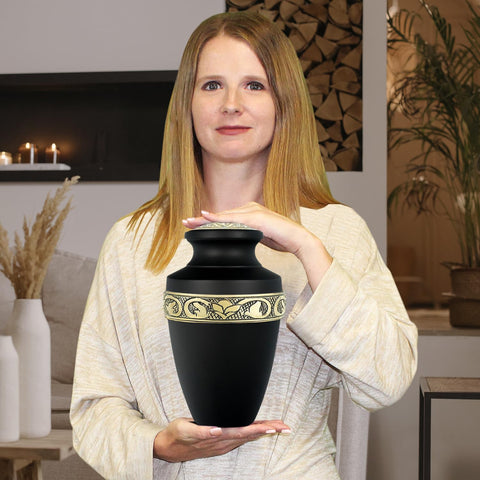 Trupoint Memorials Grecian urn with velvet bag and pouring funnel for safe handling.