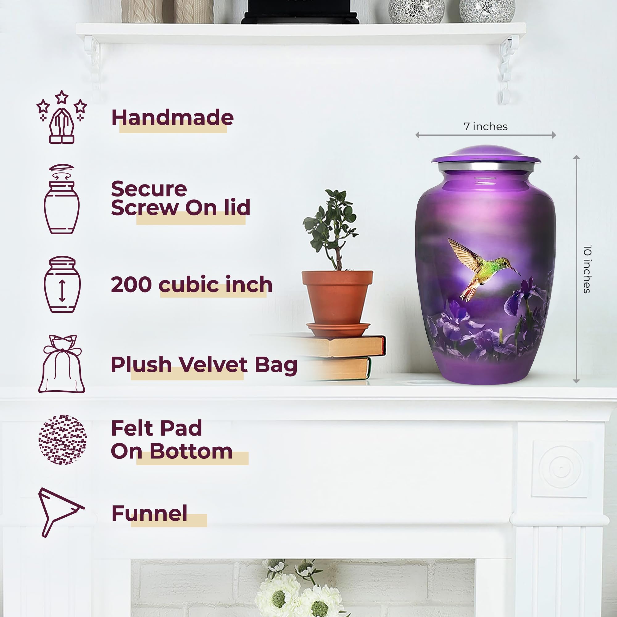 Trupoint Memorials handcrafted aluminum urn with decorative hummingbird motif.