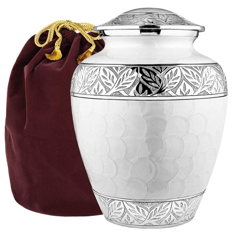 Trupoint Memorials Silver Lining urn for ashes with large white finish for dignified remembrance