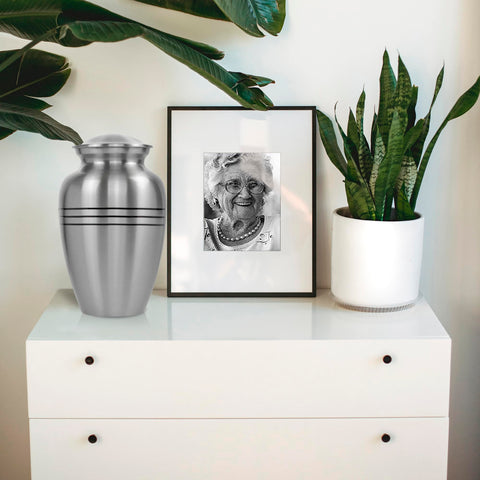 Trupoint Memorials silver-gray urn for adult ashes with classic display appeal.