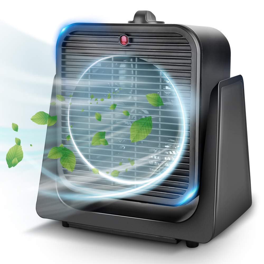 TRUSTECH 2 in 1 fan and heater front view on a desk shows compact design for small spaces.