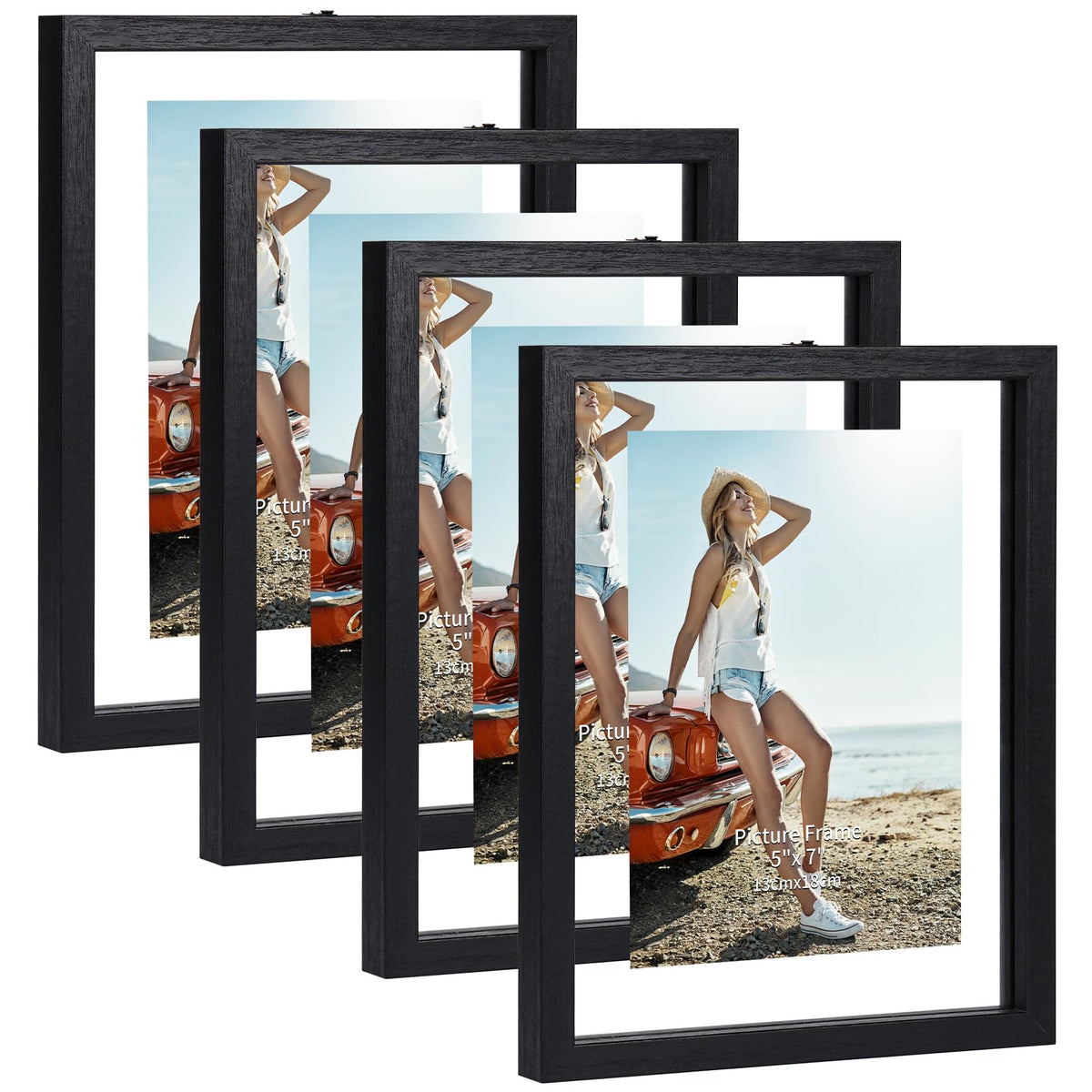 Trwcrt 5x7 floating frame set in black with double glass for desktop display.