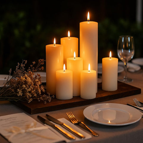 Trxvxo ivory pillar candle dining setup for intimate dinners.