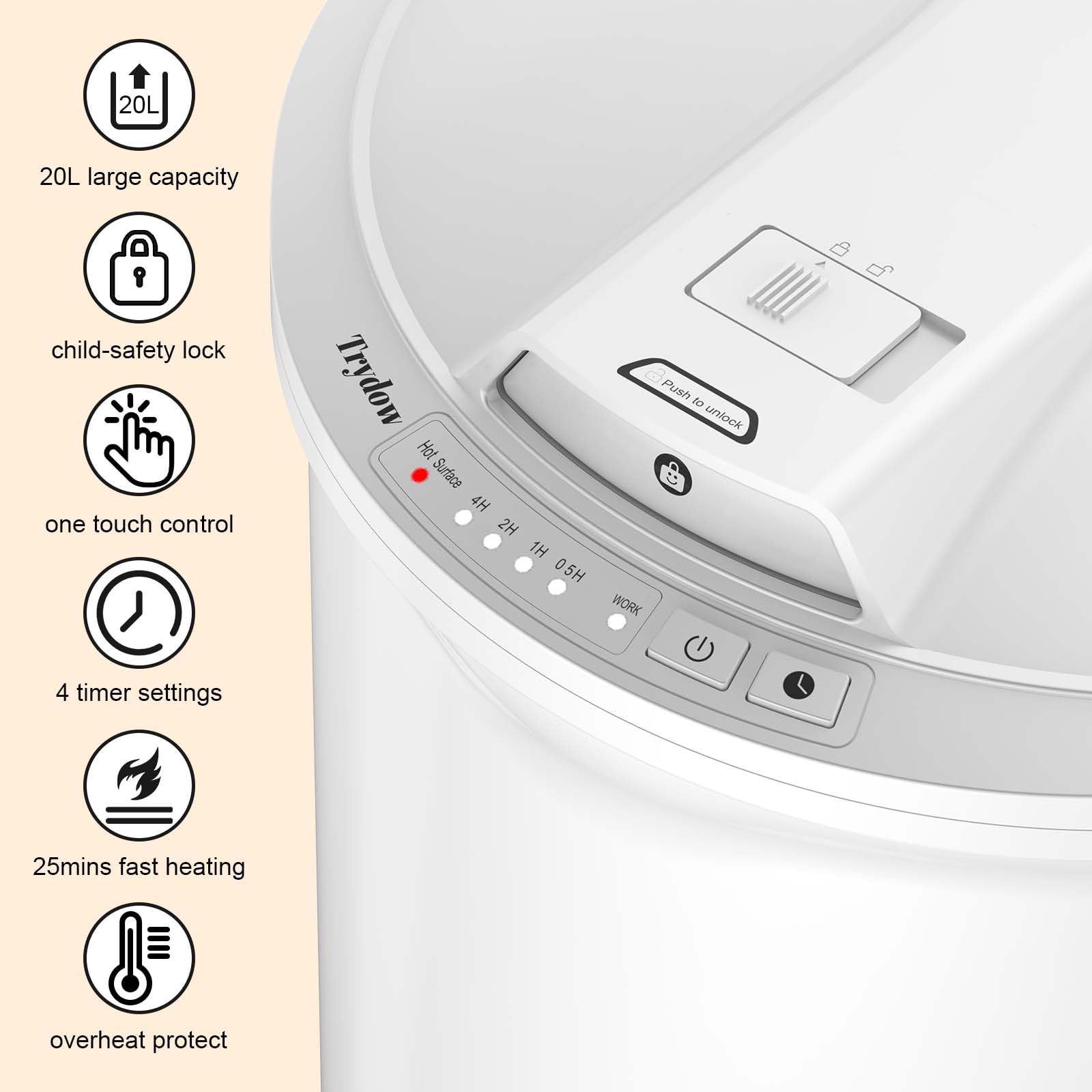 Trydow towel warmer bucket lid open for easy loading and quick access