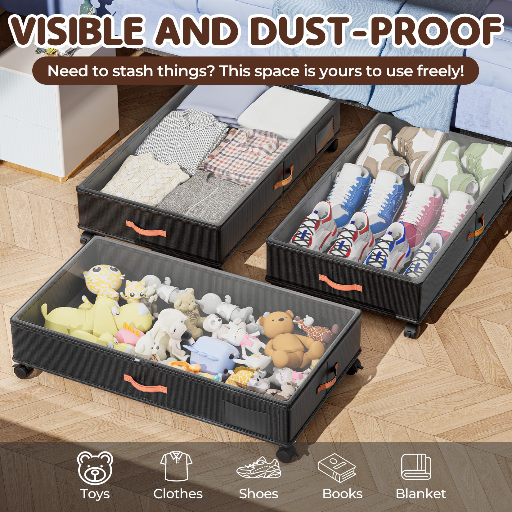 Tsinglax under-bed storage clear lid close-up shows visibility of contents.