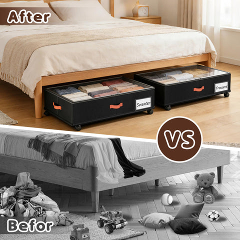 Tsinglax wheeled drawers open for smooth access from the bed frame.