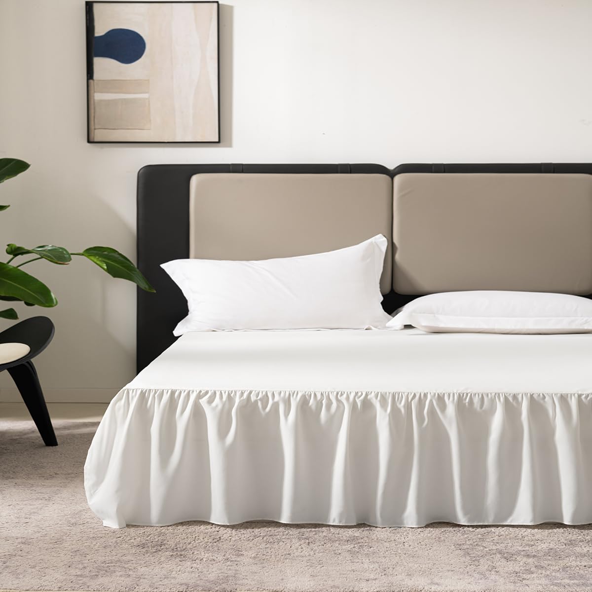 TSUTOMI ivory ruffled bed skirt, side view, adds elegant concealment under the bed.