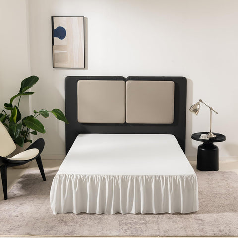 TSUTOMI queen bed skirt with split corners, front view, for a tidy under-bed area.