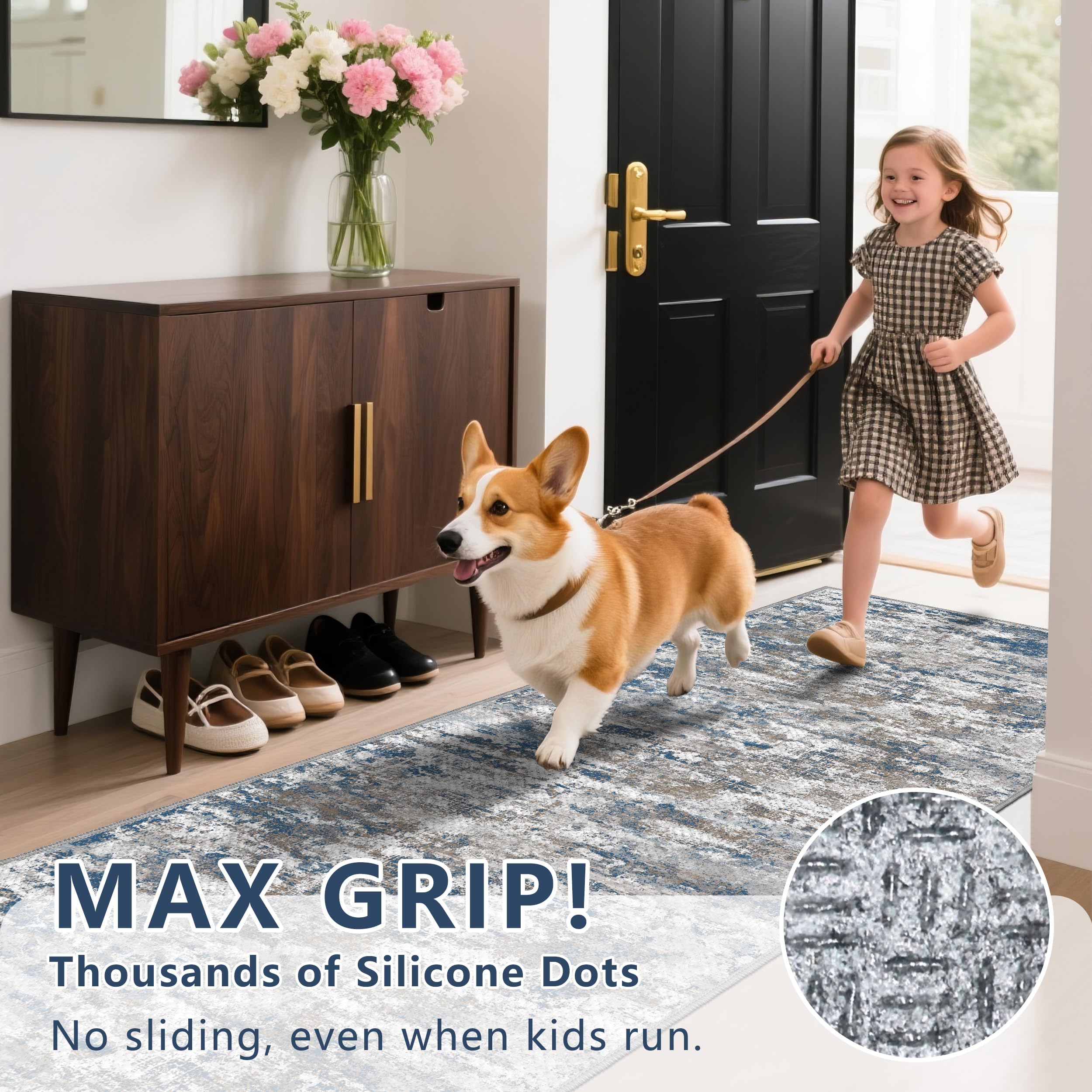 TTelephant reinforced-edge rug endures machine washing for durability.