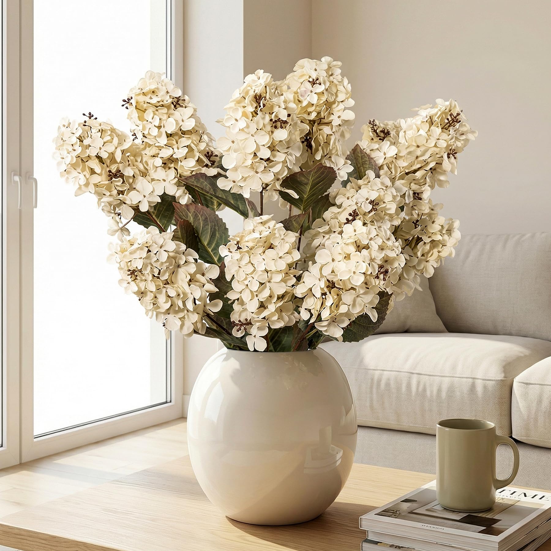 Cream-white hydrangea artificial flowers add lasting color to living spaces.