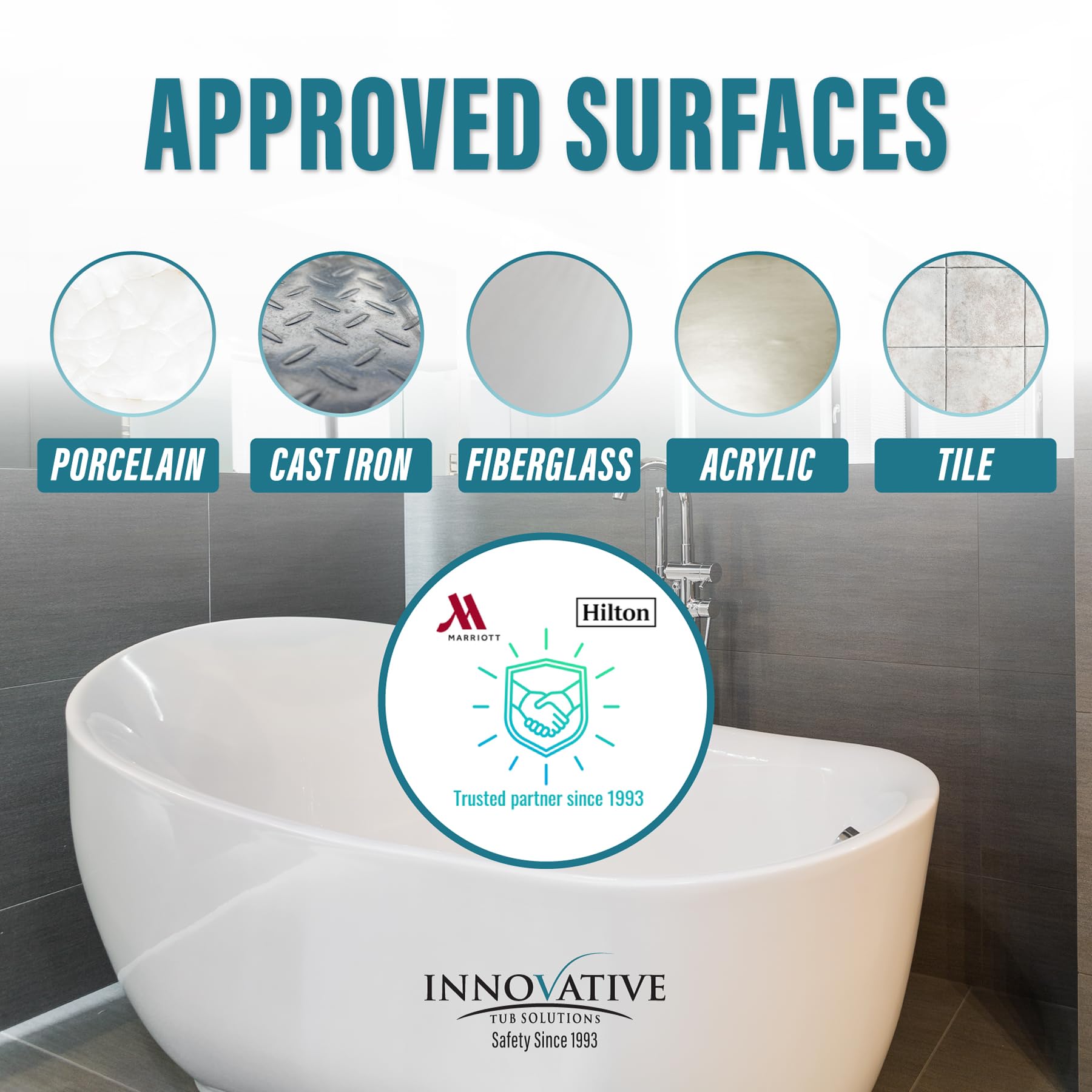 TUB GUARD textured finish on bathtub improves grip on slippery surfaces