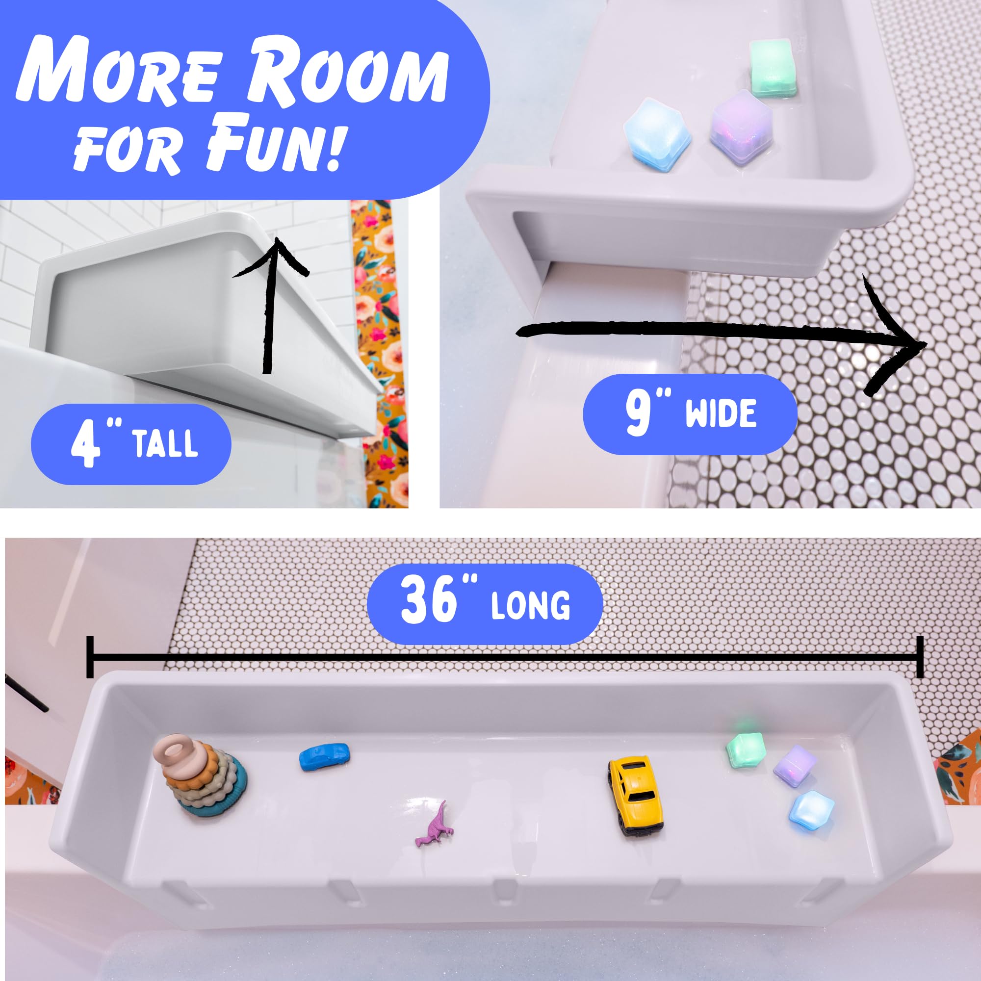 Tub Topper bath toy storage keeps toys organized on the ledge