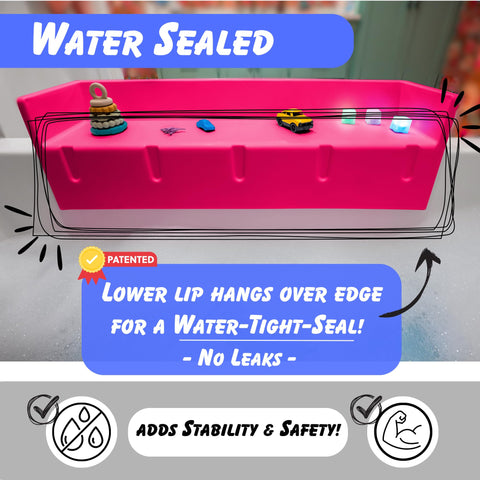 Tub Topper pink ledge organizer stores essentials neatly beside the tub.