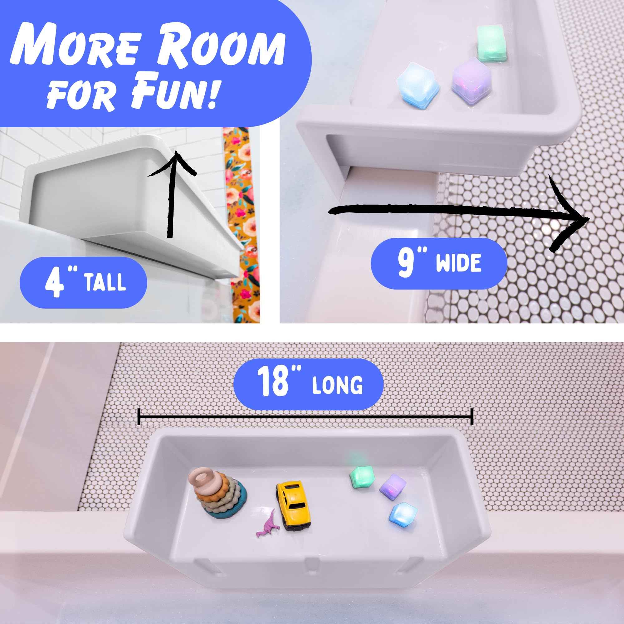 Tub Topper Mini stored beside tub for tidy bath area.
