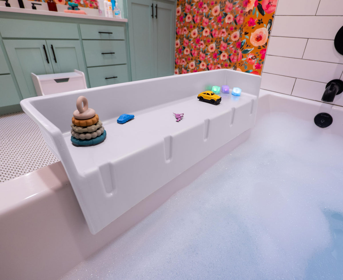 Tub Topper splash guard with suction cups keeps water in the tub