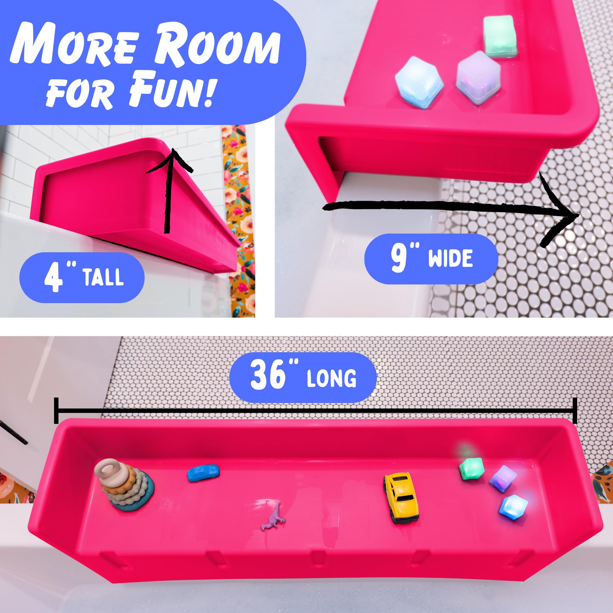 Tub Topper pink with 10 suction cups securing a stable tub edge shelf.