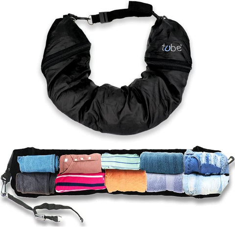 TUBE travel neck pillow stuffed with clothes doubles as a compact carry-on