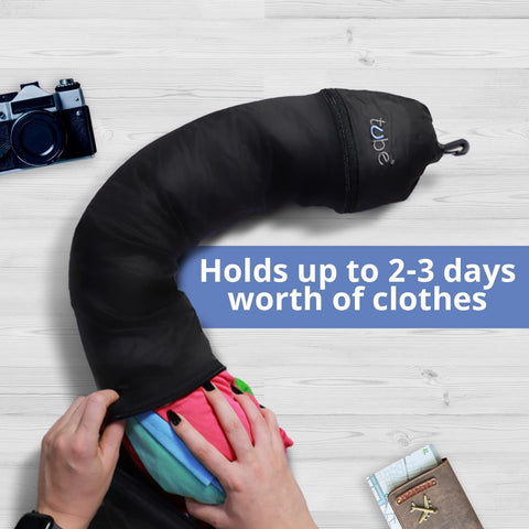 The Tube travel pillow folds into its own pouch for easy storage