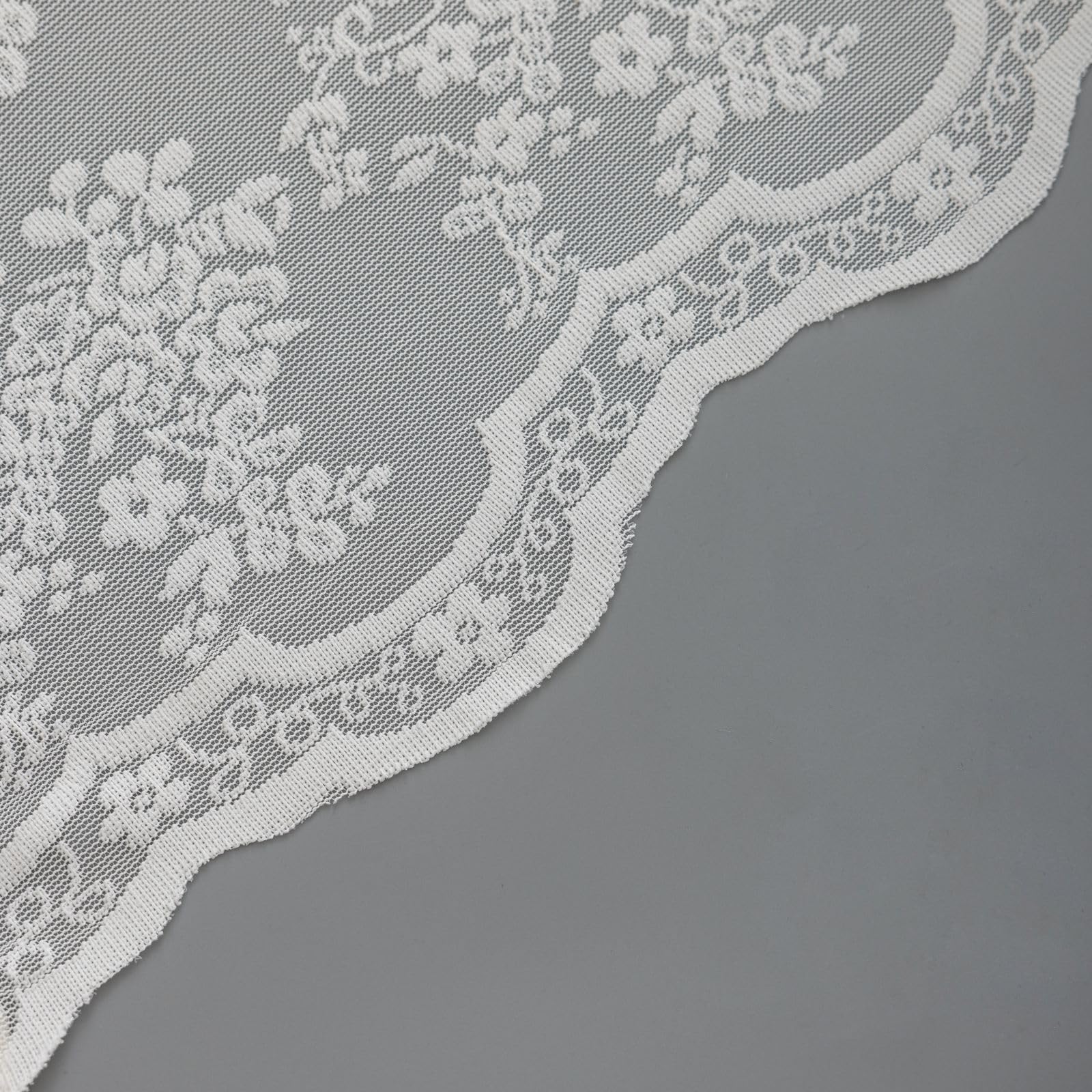 TUDECO French country inspired ivory lace curtain complements bathroom styling.