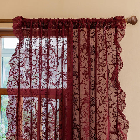 TUDECO Burgundy Curtains lace detail highlights floral and phoenix motifs