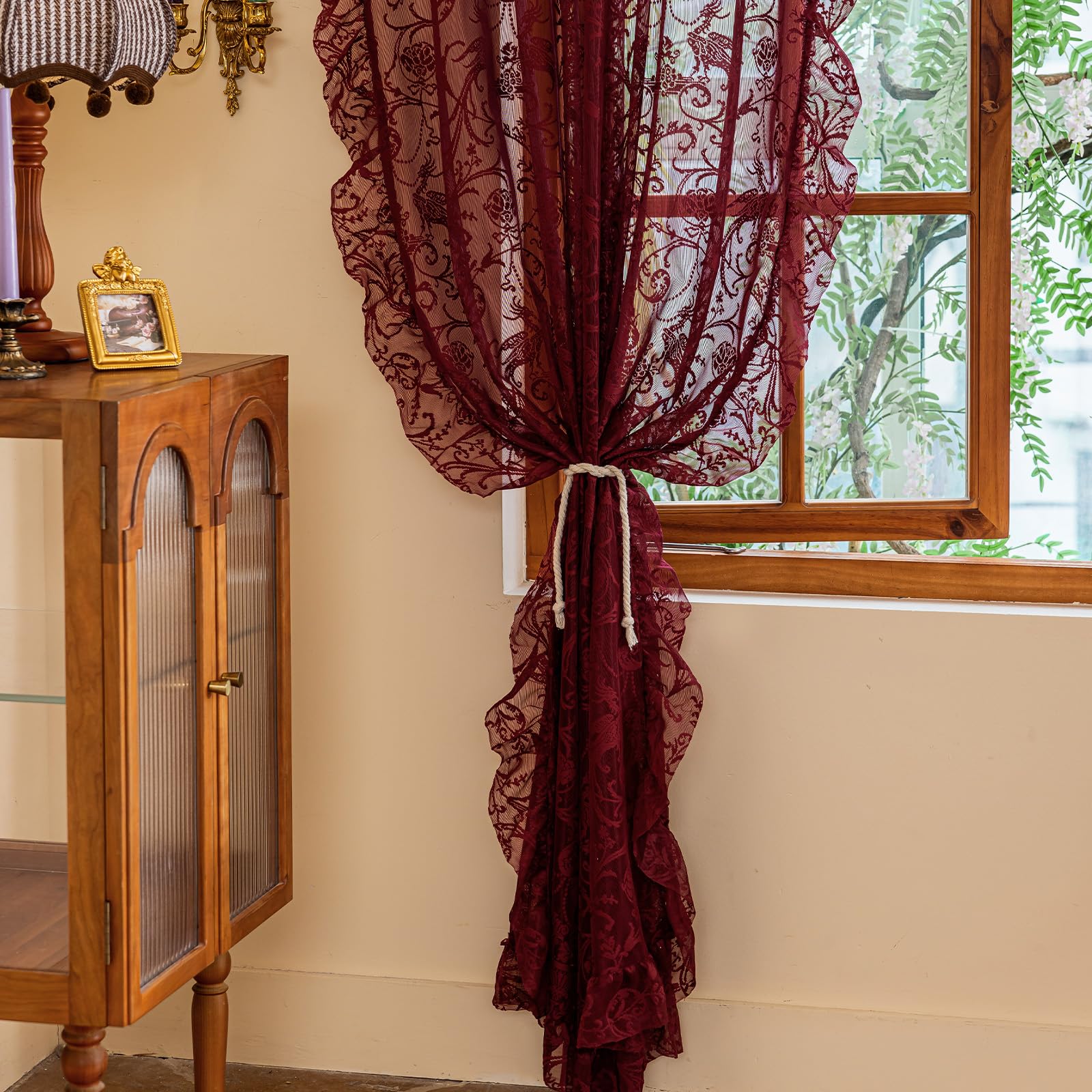 TUDECO Burgundy Curtains ruffled trim adds texture and romance
