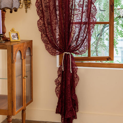 TUDECO Burgundy Curtains ruffled trim adds texture and romance