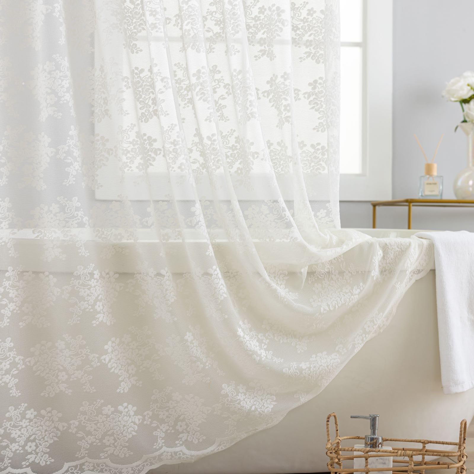 TUDECO ivory lace curtain with 12 reinforced holes for easy mounting.