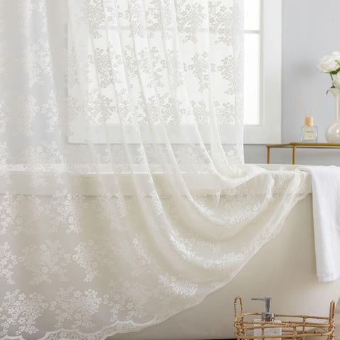 TUDECO ivory lace curtain with 12 reinforced holes for easy mounting.
