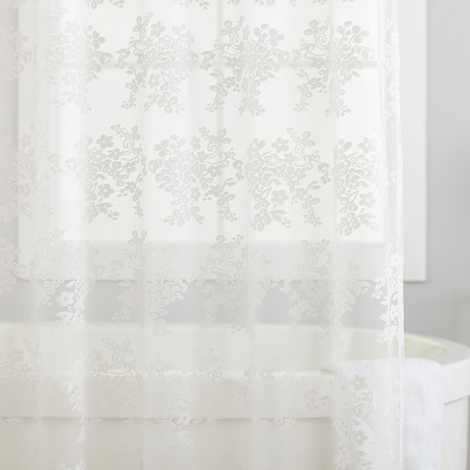 TUDECO ivory lace curtain highlights scalloped edge for elegant bathroom decor.