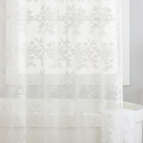 TUDECO ivory lace curtain highlights scalloped edge for elegant bathroom decor.