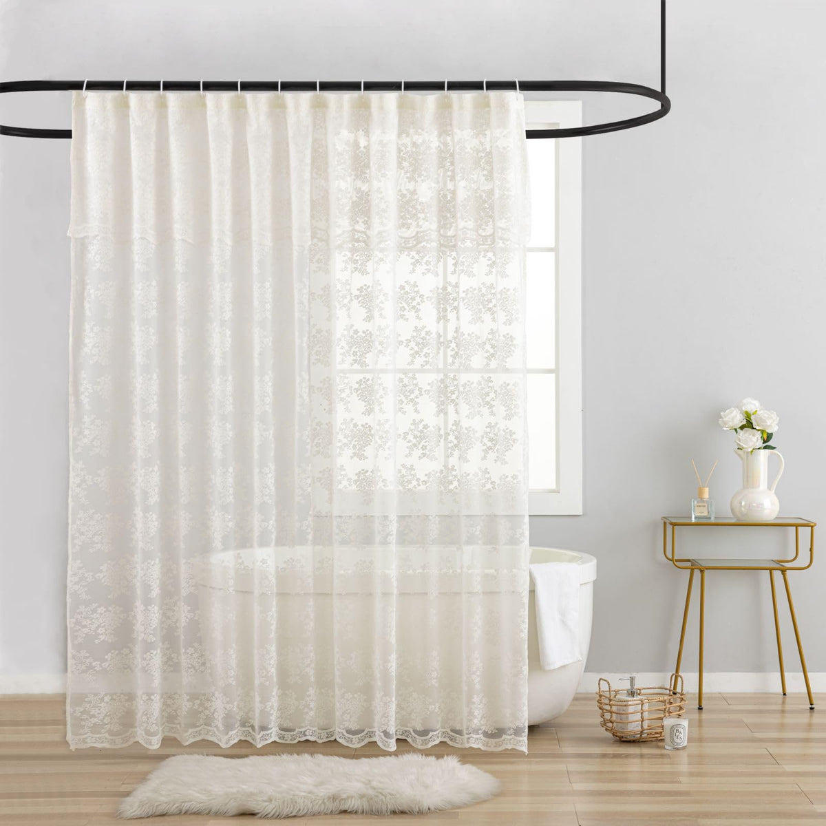TUDECO ivory lace vintage shower curtain with attached valance enhances privacy and style.