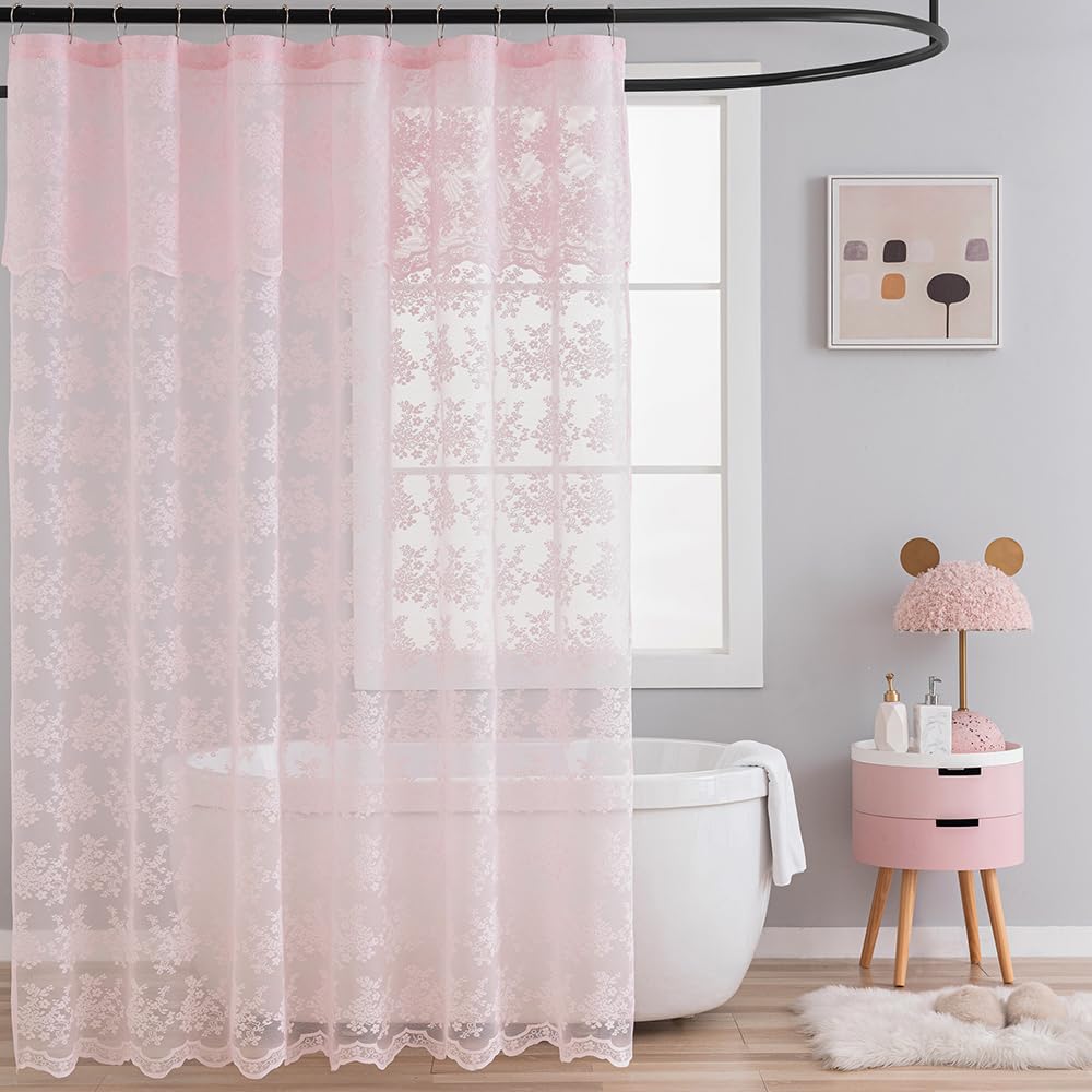 TUDECO pink lace shower curtain with delicate pattern enhances feminine bathroom decor.