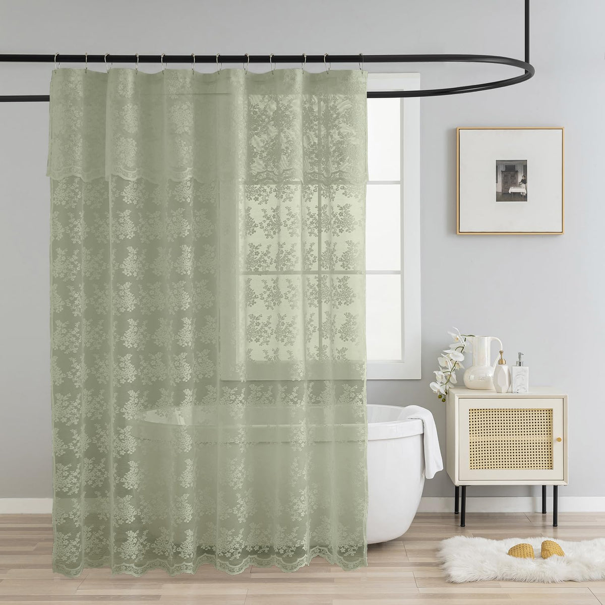 TUDECO sage green shower curtain with attached valance enhances privacy and style.