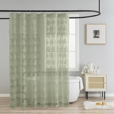 TUDECO sage green shower curtain with attached valance enhances privacy and style.