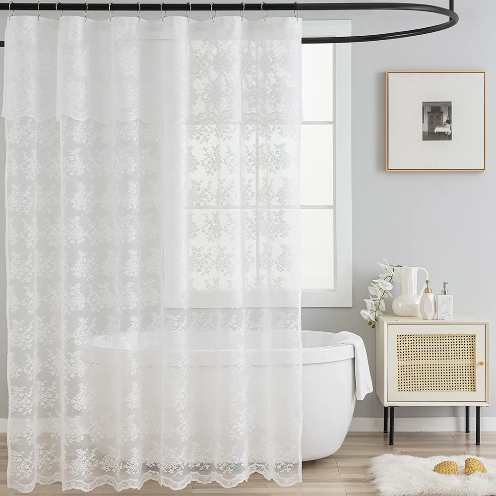 TUDECO white lace shower curtain with attach valance for elegant bathroom decor.