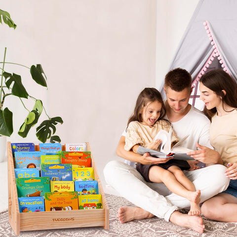 TUEGEGNS kids bookshelf in a playroom demonstrates easy, within-reach book access.