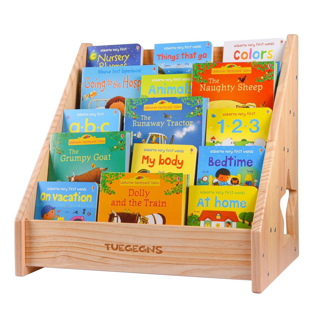 TUEGEGNS Montessori toddler bookshelf closeup showing smooth wood finish and sturdy build.