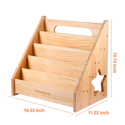 TUEGEGNS wooden bookshelf at toddler height encourages independent reading moments.