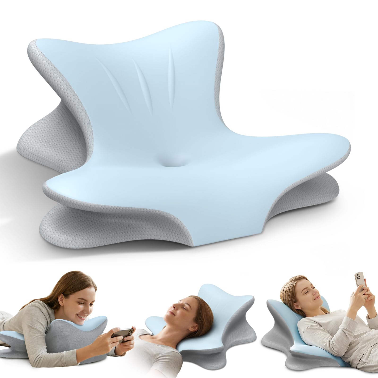 Tujami cervical pillow dual-curve reading shows versatile neck support for leaning and device time.