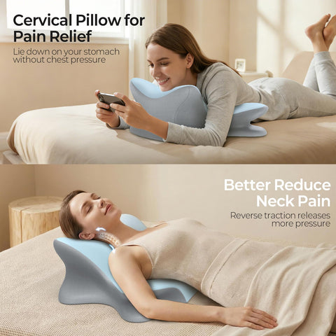Tujami cervical pillow high-side leaning highlights elevated support for upright reading and lounging.