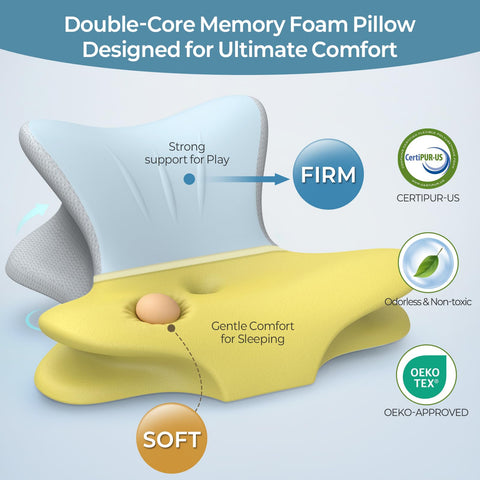 Tujami cervical pillow low-side rest emphasizes soft comfort for deep relaxation and back support.