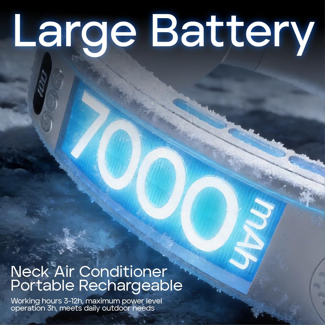 TUJIMAO neck fan displaying 150° adjustable silicone band for a comfortable fit.