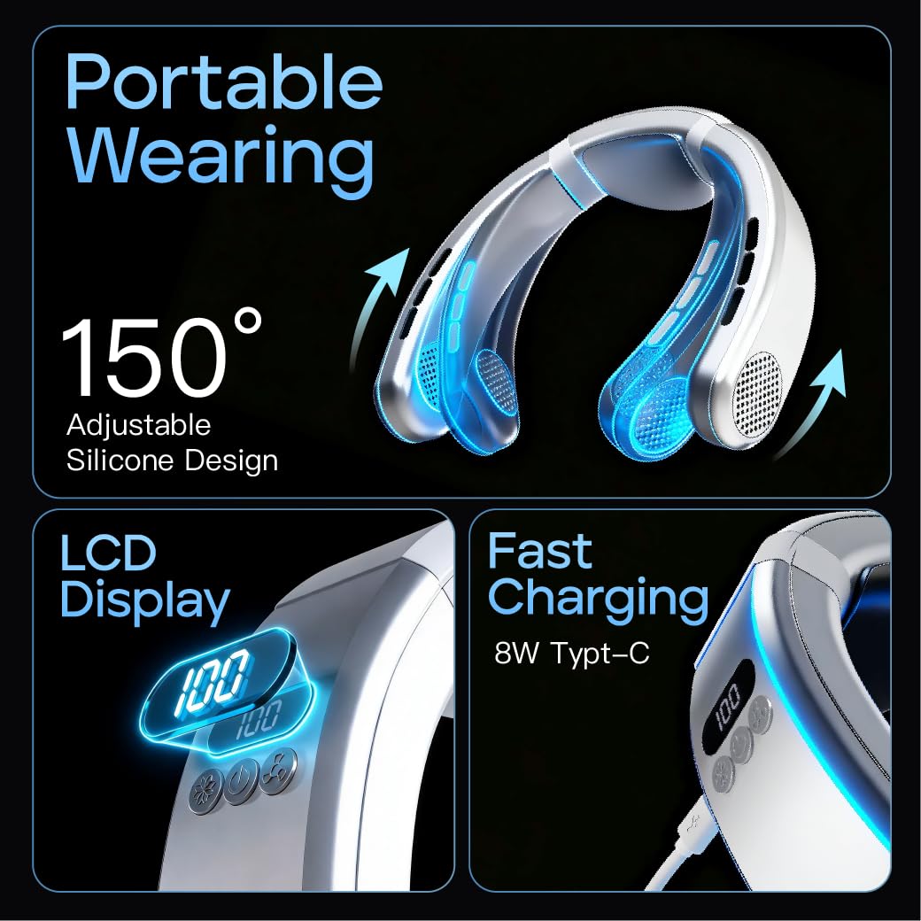 TUJIMAO neck fan with three speed settings for flexible cooling.
