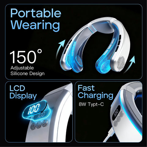 TUJIMAO neck fan with three speed settings for flexible cooling.